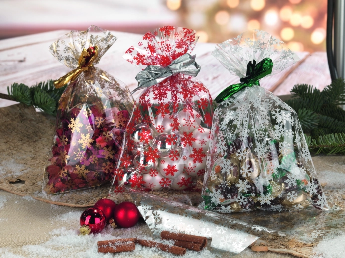 Celofanasta vrečka 20 × 32 cm z motivom snežink, prosojna