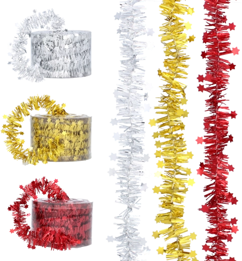 Božični resasti venček z zvezdicami 7 m – rdeč, zlat in srebrn