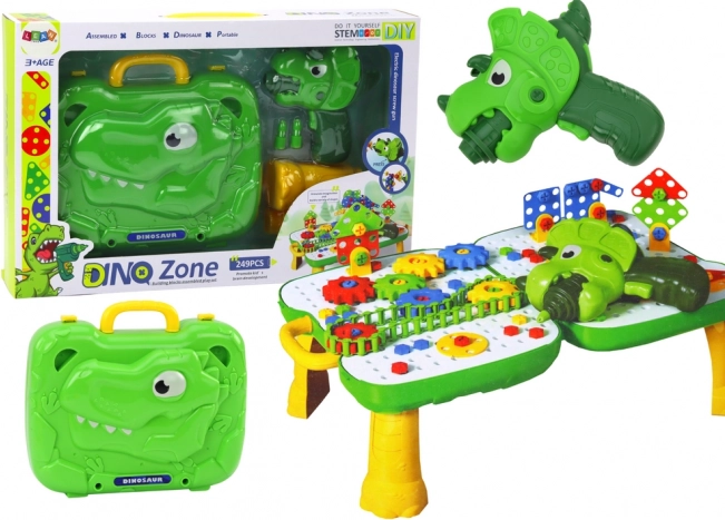 Otroška DIY mizica s kovčkom DINOSAUR in akumulatorskim vrtalnikom, 249 delov