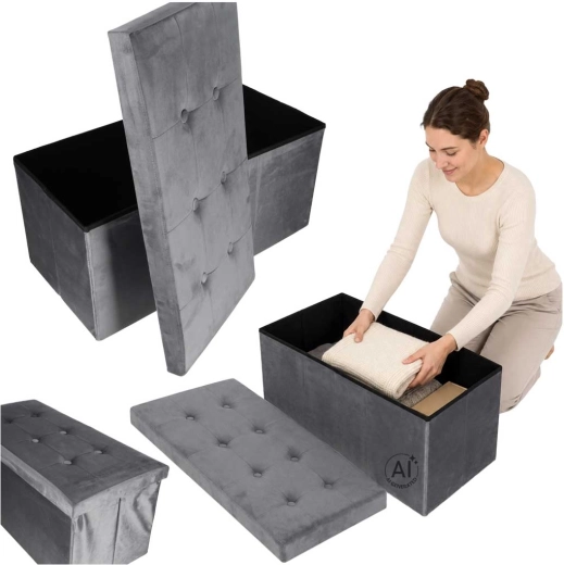 Zložljiva žametna pufa s prostorom za shranjevanje, siva 77 × 38 × 37 cm