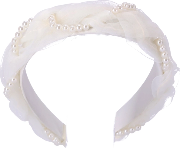 Satenasti naglavni trak - bel s perlami