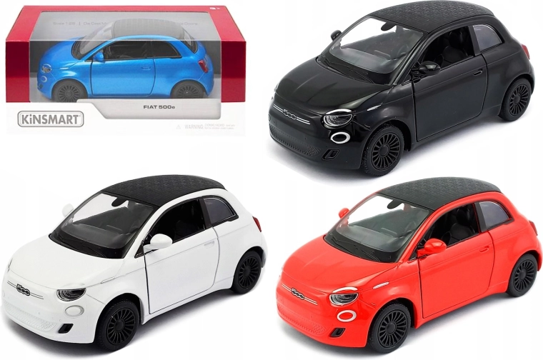 Kinsmart Fiat 500e kovinski model 1:28 z navijalnim pogonom