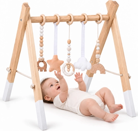 Wooden Baby Gym Activity Arch with 5 Hanging Toys for Babies