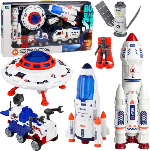 Veliki vesoljski komplet Space z raketami, NLP-jem (UFO) in lunarnim vozilom (8 delov)