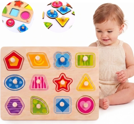 Tooky Toy Montessori lesena vstavljanka – puzzle z oblikami z ročaji – 1 kos