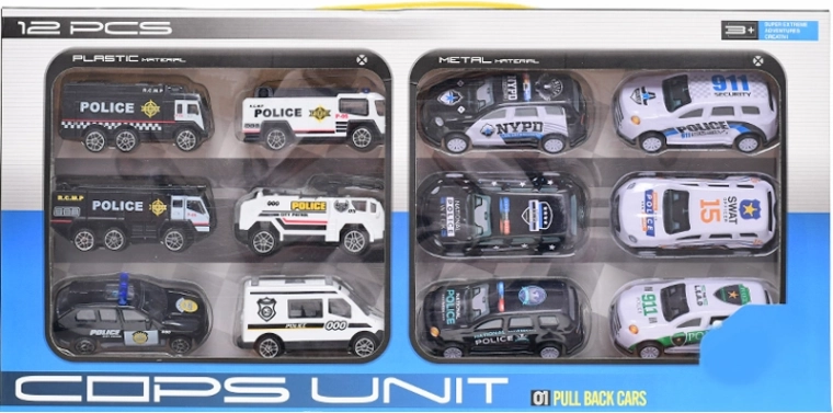 Set policijskih avtomobilčkov 12 kosov z prostim in vzvratnim pogonom