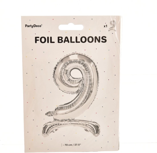 Stoječi folijski balon številka 9 srebrn 70 cm