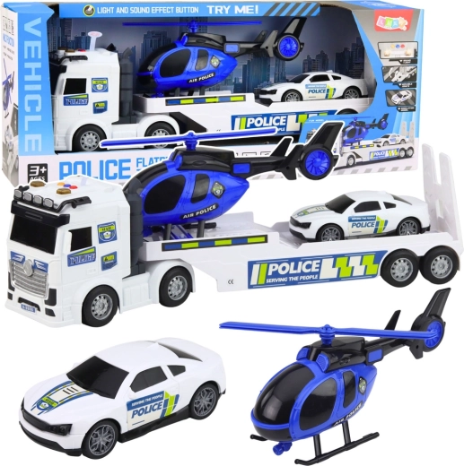 Policijski prevozni tovornjak z avtotransporterjem, avtom in helikopterjem s svetlobnimi in zvočnimi učinki