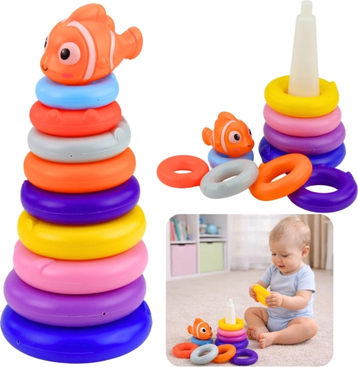 Izobraževalni sestavljivi stolp iz barvnih obročev z ribico, 10 delov