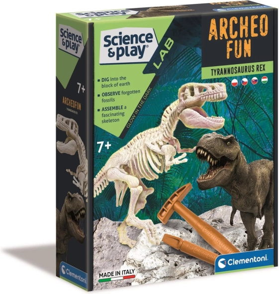 Clementoni Science & Play Archeo Fun: tyrannosaurus rex – arheološki komplet s svetlečo okostnjako