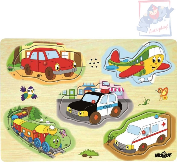 Woody lesene zvočne puzzle prevozna sredstva, 5 kosov