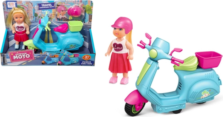 Punčka na skiroju s košarico in čelado