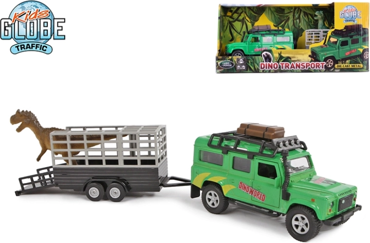 Kids Globe Traffic terensko vozilo LAND ROVER s prikolico in dinozavrom 28 cm, kov, vzvratni pogon