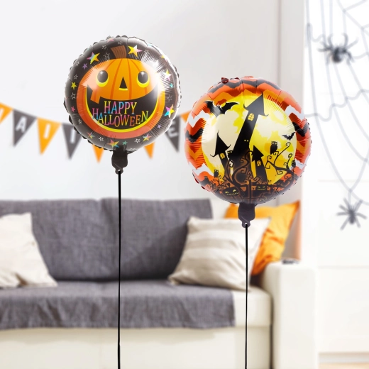 Halloweenski folijski baloni buča in grad – 2 kosa