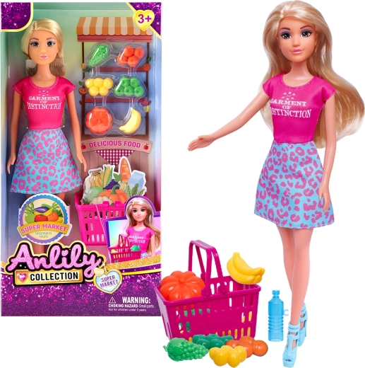 Punčka z nakupovalno košaro in stojnico s sadjem in zelenjavo