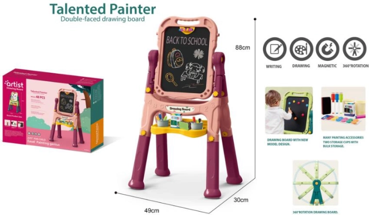 Otroška umetniška tabla 48 kosov – rožnata, dvostranska kredna in magnetna