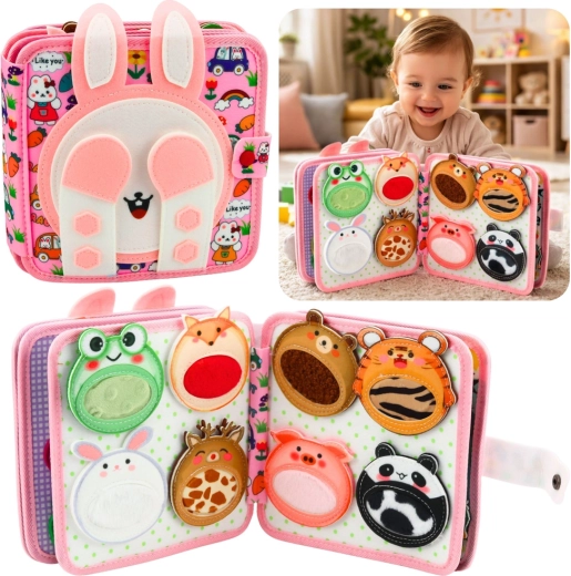 Tekstilna čutna knjižica iz filca – rožnati zajček 3D