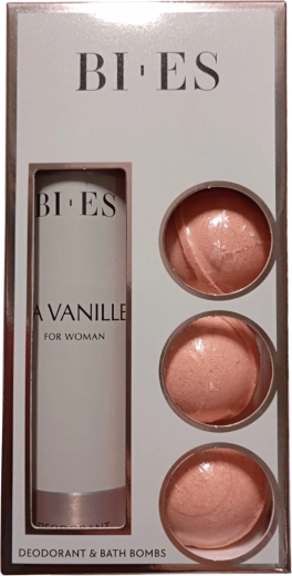 Darilni komplet BI-ES La Vanille za ženske – 3x šumeča kopalna bomba + deodorant v razpršilu