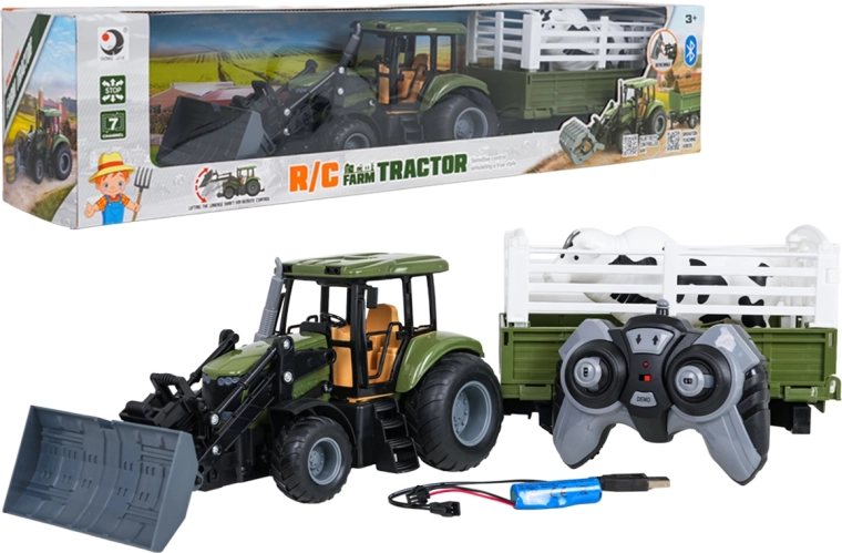 Zeleni daljinsko vodeni traktor s prikolico in bikom 1:20