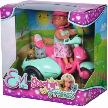 Punčka EVI LOVE na skuterju s kužkom in mucko, 12 cm