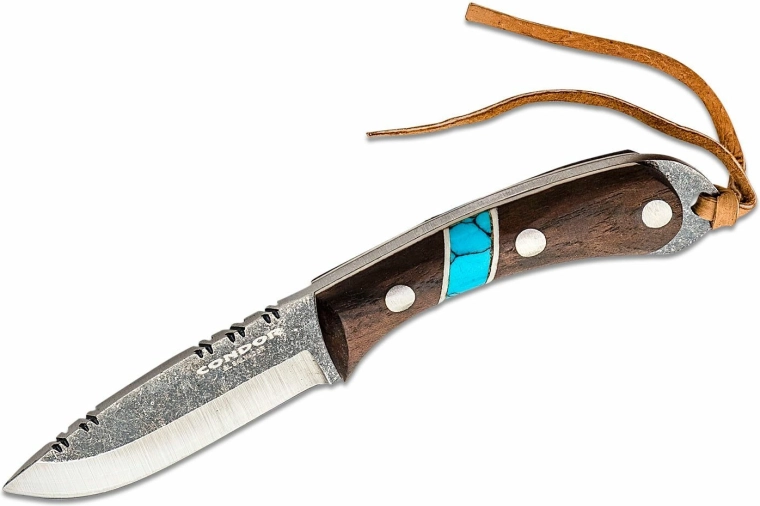 Viseči nož za vrat CONDOR Blue River 5,9 cm, orehov les, turkiz, usnjena nožnica