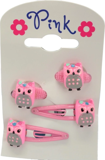 Velik komplet sponk in elastik za lase Sova – rožnata