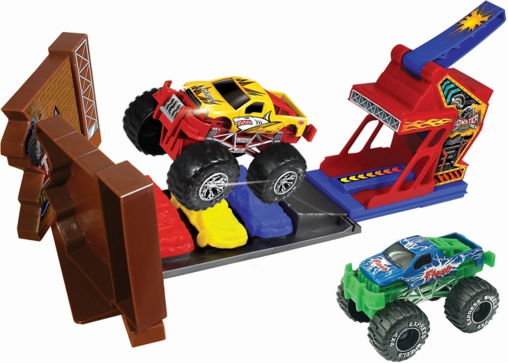 Avtomobilčki monster truck, kaskaderska proga z 2 kovinskima avtomobilčkoma