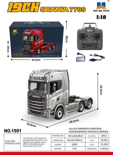 Daljinsko voden tovornjak Scania 770S 1:18, siv