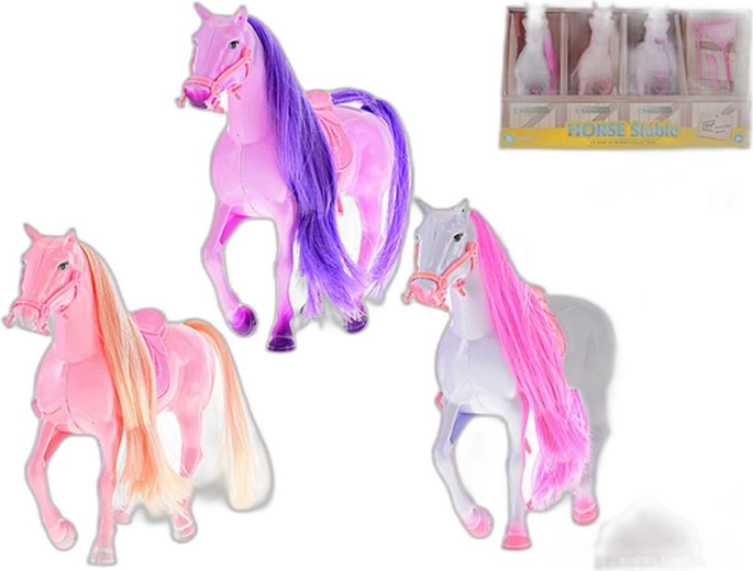 Horse with saddle and accessories in a cardboard stall - 1 piece