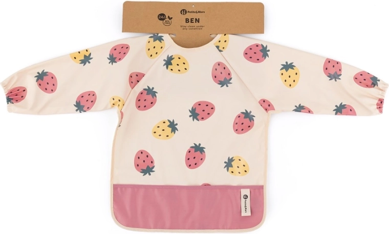 Petite&Mars nepremočljiv slinček z dolgimi rokavi ben beige strawberries