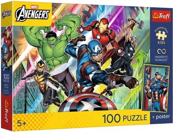 Trefl Marvel Avengers otroške sestavljanke 100 kosov sila in moč s plakatom