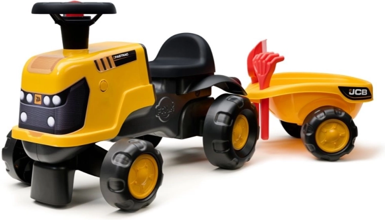 Poganjalec traktor JCB Fastrac s prikolico, lopatko in grabljami 1–3 leta