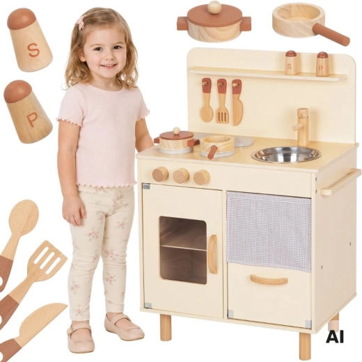 Lesena otroška kuhinjica bež s pripomočki Tooky Toy