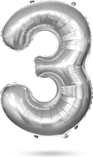 Rojstnodnevni folijski balon v obliki številke 3, srebrn, 85 cm