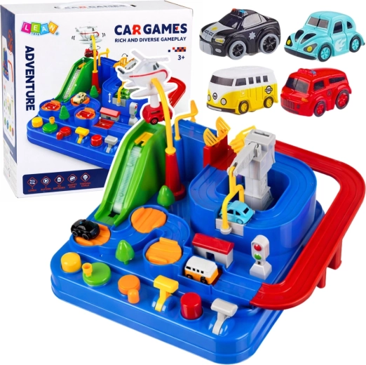 Interaktivna avtomobilska steza z ovirami in parkiriščem, 4 avtomobili in helikopter – modra