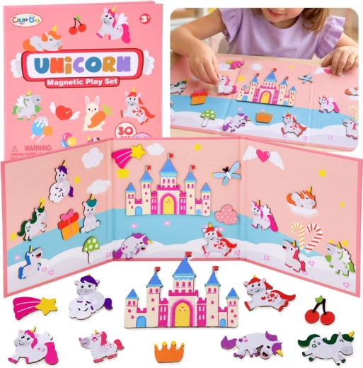 Magnetic puzzle fairy-tale unicorns with a fold-out playboard and 30 magnets