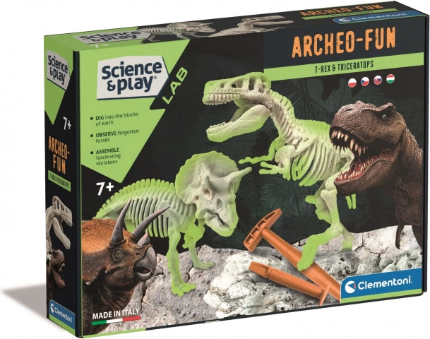 Clementoni Science & Play ArcheoFun: T‑Rex in Triceratops – izkopavalni set z žarečimi okostji