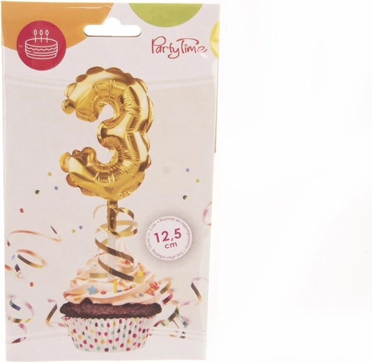 Folijski balon številka 3 z motivom torte, zlat, 12,5 cm