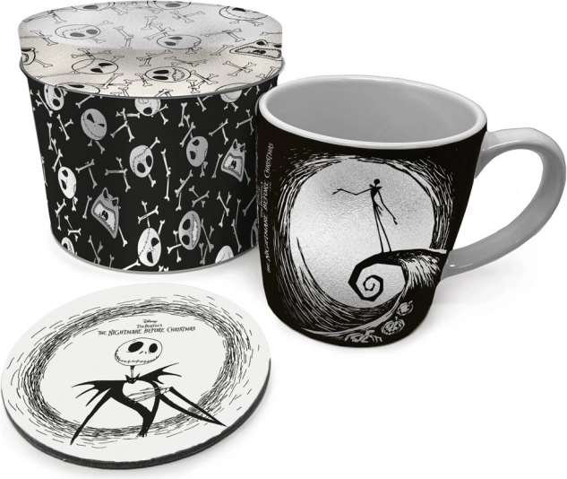 Darilni set THE NIGHTMARE BEFORE CHRISTMAS – skodelica 315 ml, plutast podstavek in pločevinasta škatla