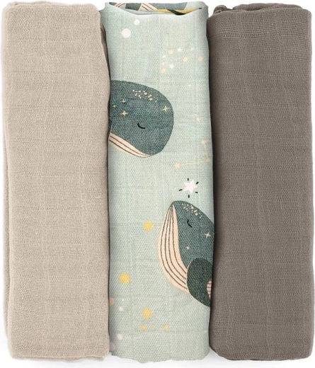 Petite&Mars bambusove muslinske pleničke Moussy whale song 68 × 68 cm, 3 kos