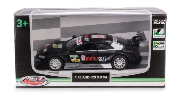 Model avtomobila AUDI RS 5 DTM 1:43 črn kovinski z odpiralnimi vrati in pull-back