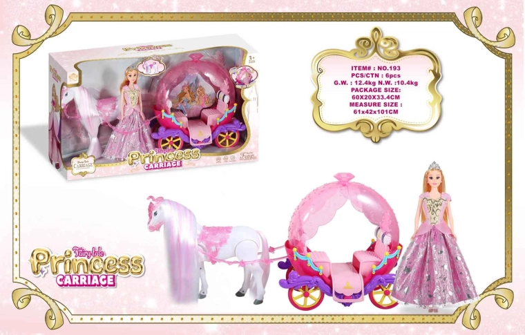 Pink carriage with a white horse and a princess doll