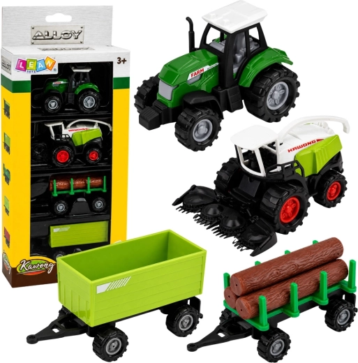 Komplet kmetijskih vozil 1:68 – traktor, silokombajn, prikolica in hlodovnica (4 kosi)