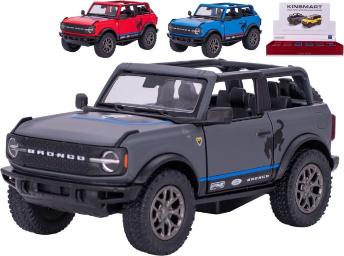 Kinsmart Ford Bronco 2022 kovinski model avtomobila s potegom nazaj (13 cm) – mešanica barv, 12 kosov v razstavnem stojalu