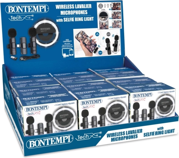 Mini krožna luč in par brezžičnih lavalierskih mikrofonov USB‑C