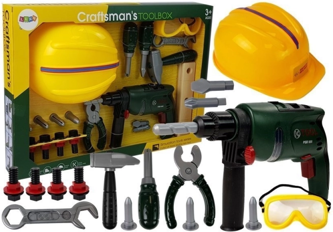Set otroških delavnih orodij z vrtalnikom, zaščitnimi očali in čelado