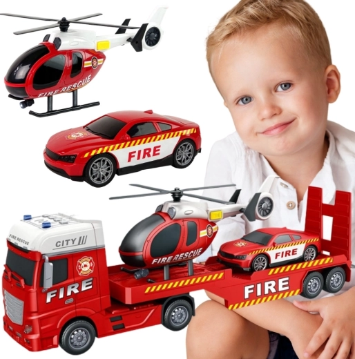 Woopie gasilsko vlečno vozilo s helikopterjem in avtomobilom, s svetlobnimi in zvočnimi učinki