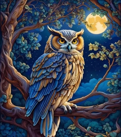 Diamantno slikanje – sova ob polni luni 30 × 40 cm