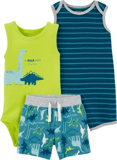 Carter's poletni komplet za fantke Stripes Dinos – pajac s kratkimi rokavi, body brez rokavov in kratke hlače (3 deli) – 6m