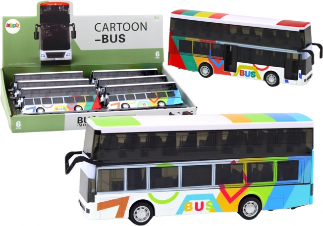 Dvonadstropni barviti kovinski avtobus s vztrajnostnim pogonom, lučmi in zvoki